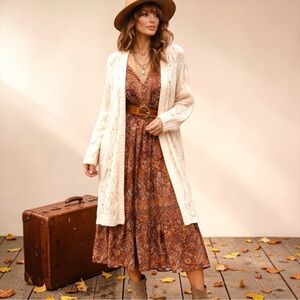 H&M Cream Open Knit Long Cardigan Womens XS Boho Lightweight Layering Sweater